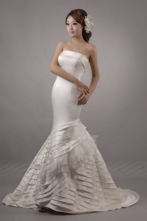 mermaid wedding dress strapless chapel train satin tulle 6050922 x